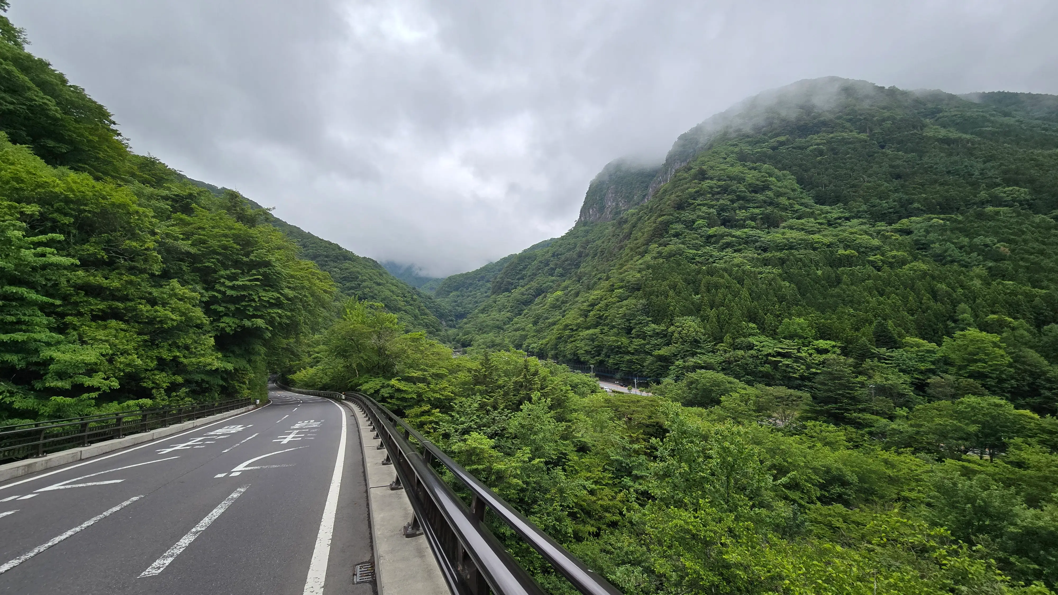 往いろは坂的公路沿著溪谷上行，山頂籠罩在雲霧裡。