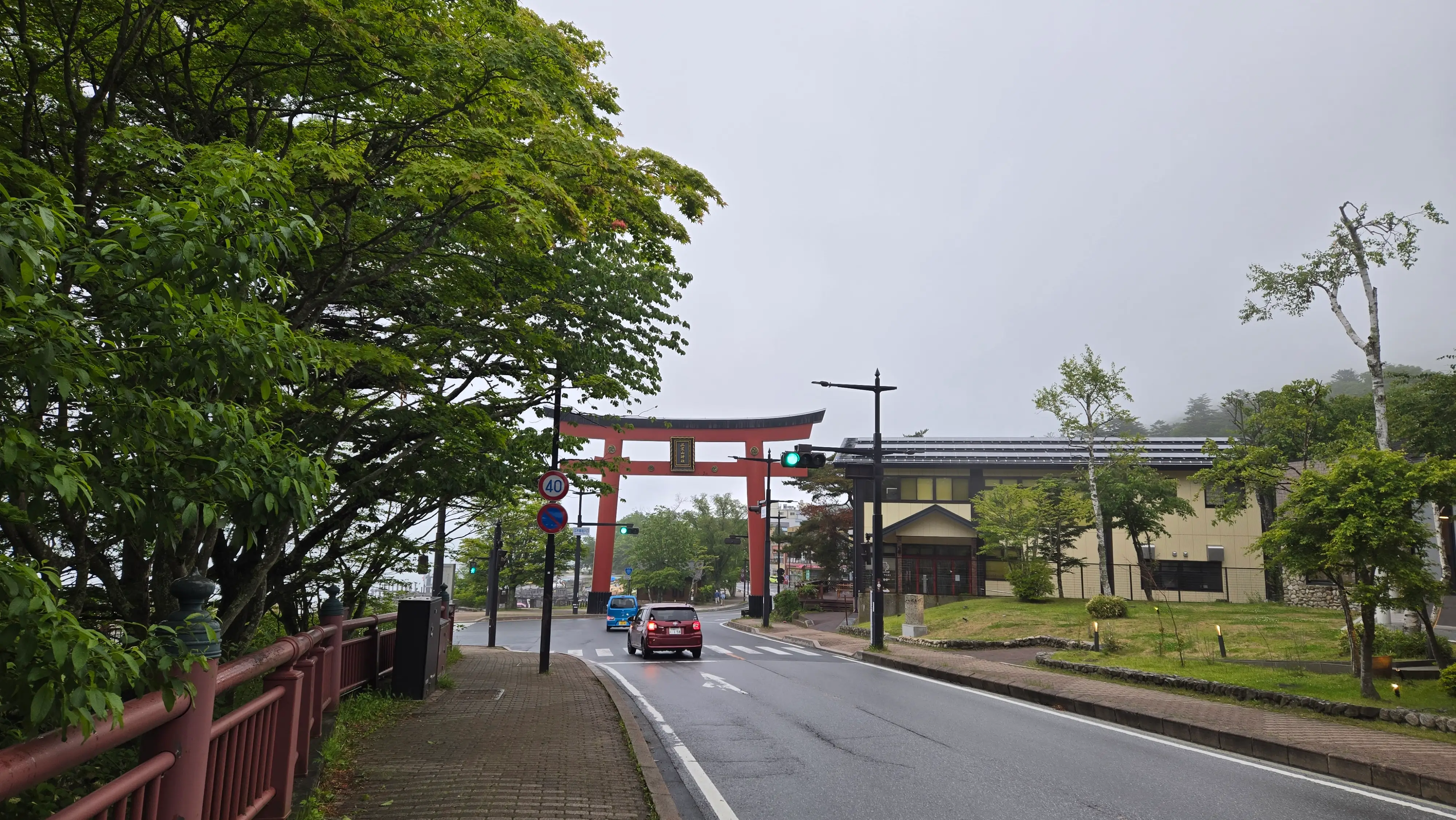 雨中的中禪寺湖畔道路，路旁立著二荒山神社中宮祠的朱紅色大鳥居。