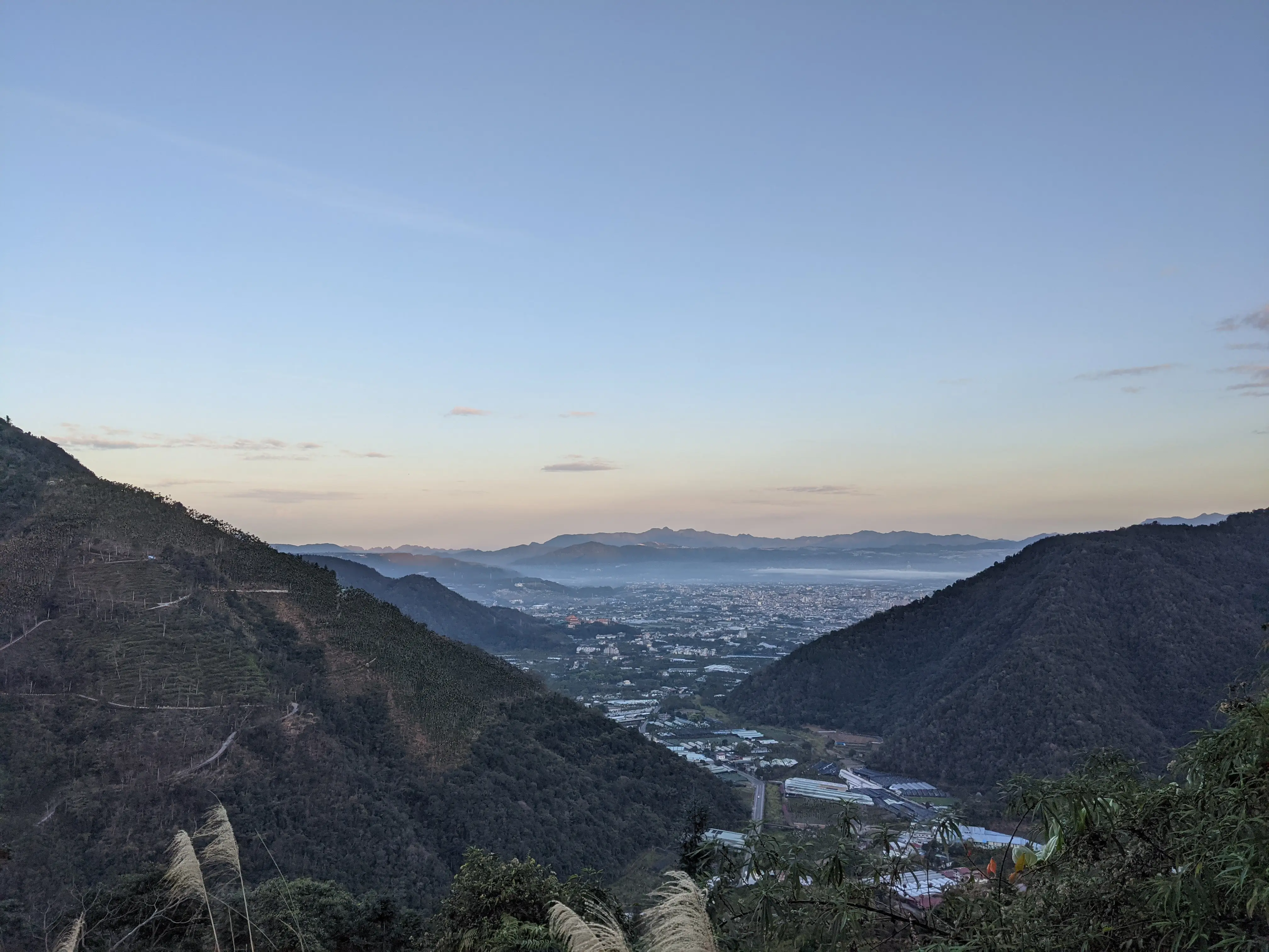 從山路回望埔里盆地，晨霧壓在市區上方。